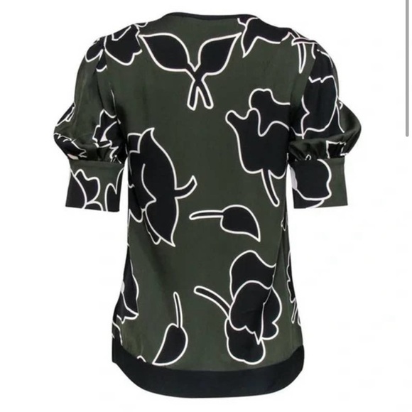 Diane Von Furstenberg Olive Green & Black Floral Print Silk Blouse size 6 - Picture 2 of 12